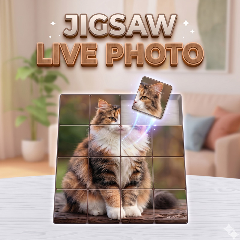 Jigsaw Live Photo game cover with a cat photo puzzle