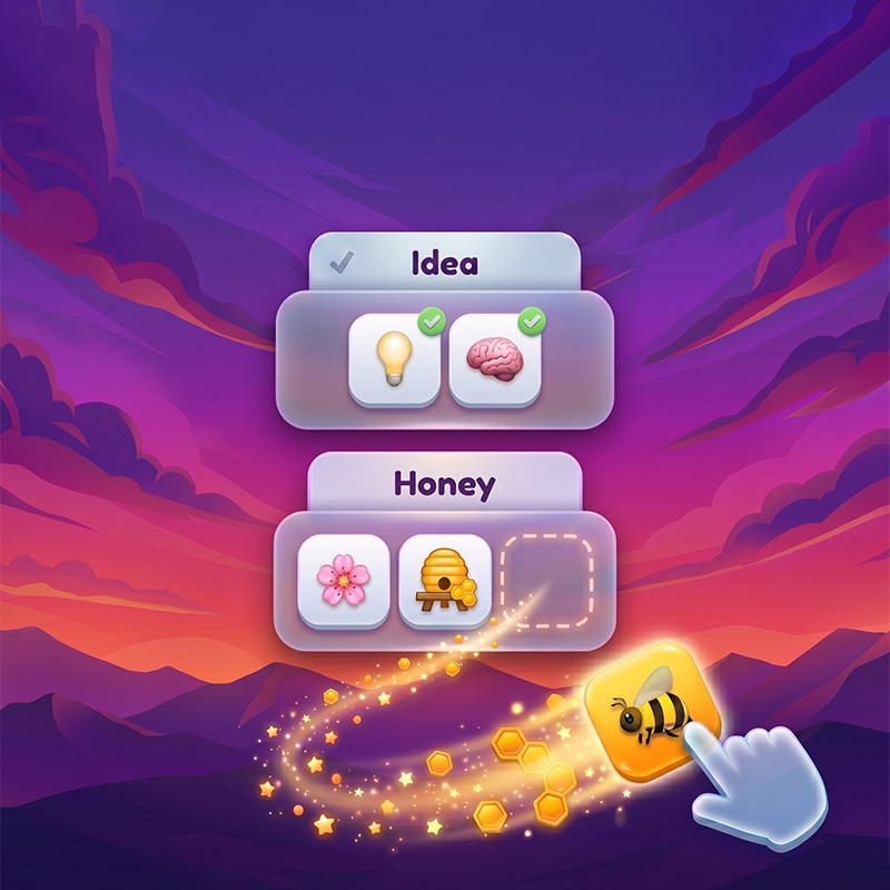 WordMoji game cover with emoji tiles being matched to Idea and Honey