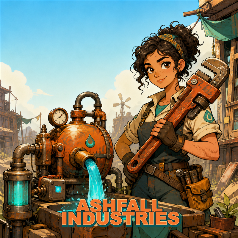 Ashfall Industries cover art with an engineer holding a large wrench