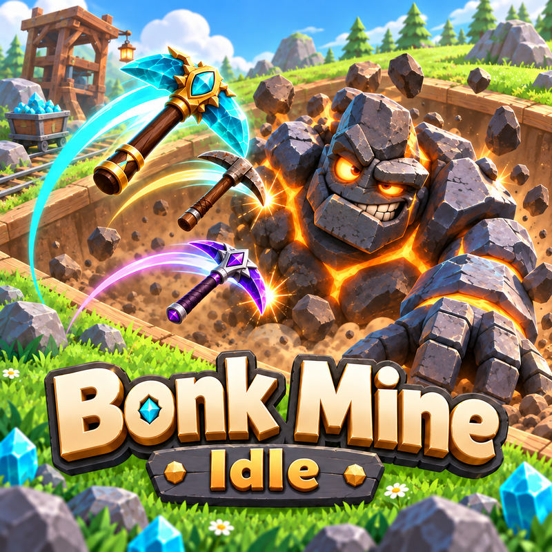 Bonk Mine Idle cover art with a rocky monster and flying pickaxes