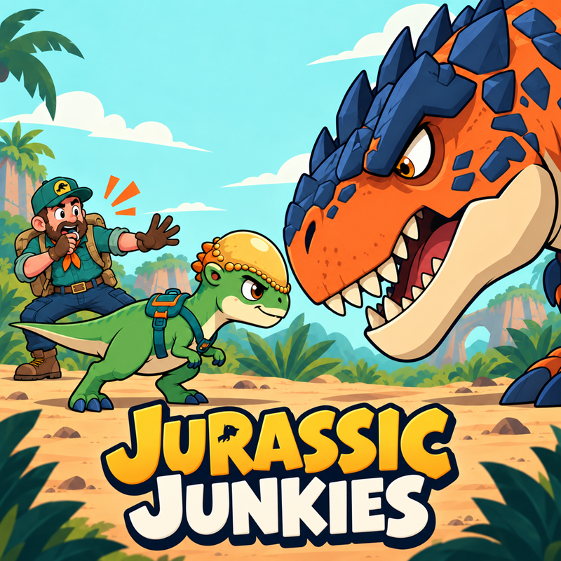 Jurassic Junkies cover art with an explorer and dinosaurs