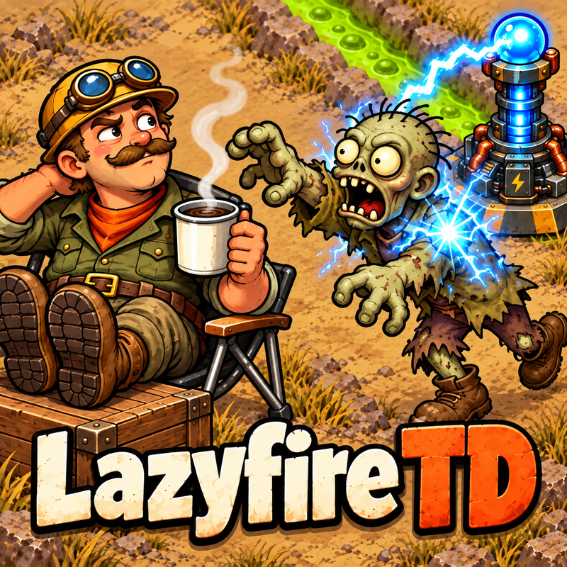 Lazyfire TD cover art with a miner, a mutant, and an electric turret