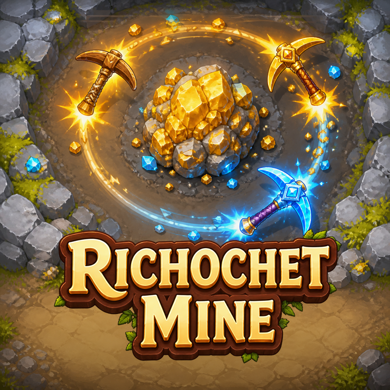 Ricochet Mine cover art with glowing pickaxes orbiting golden ore